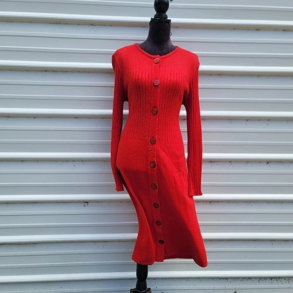 Jessica Howard Red Sweater Midi Dress Long Sleeves Front Buttoned Pockets Knit L - Picture 11 of 16